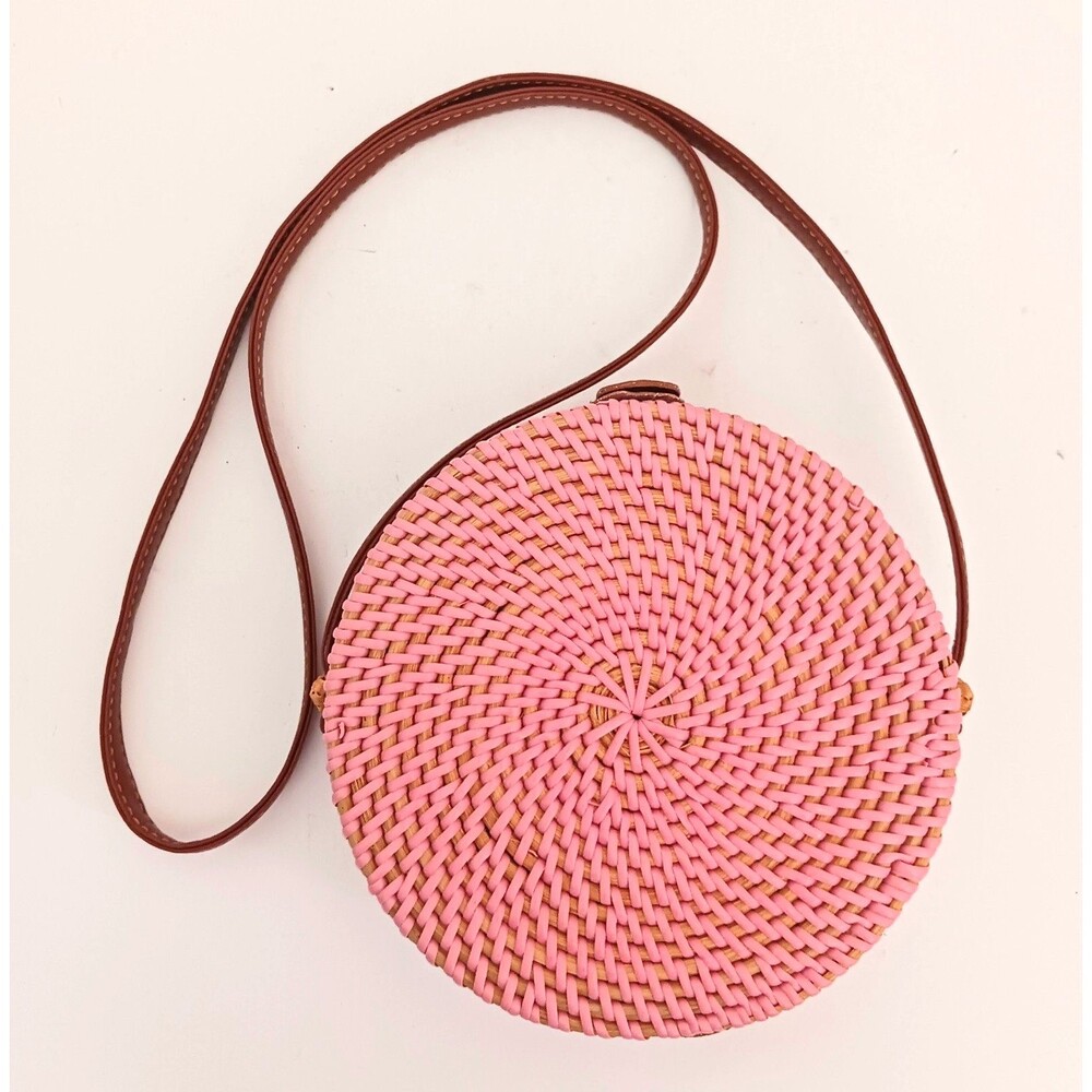 New ASOS 8" Round Pink Rattan Crossbody Bag Brown Vegan Leather Strap